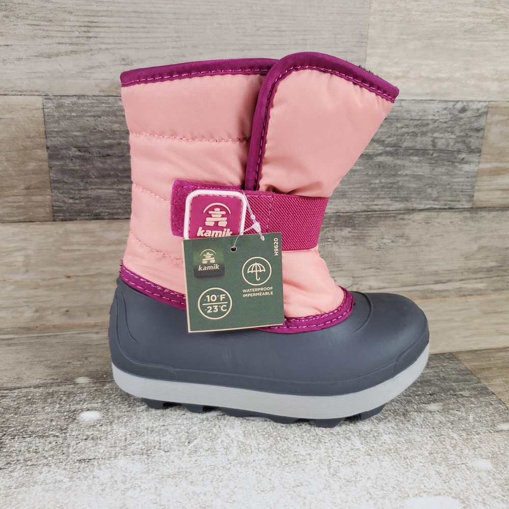 Kamik Snowbug 7 Kids Winter Boots Sz 10 Pink Gray Waterproof Adjustable Strap